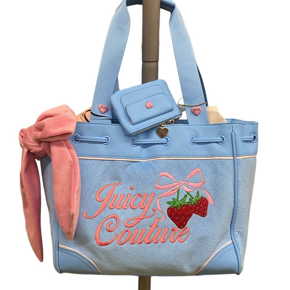 Juicy Couture Light Blue and Pink Embroidered Tote